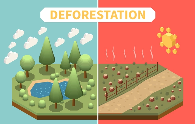 Deforestation consequences leading to global problems of climate and ecosystem changes isometric background vector illustration