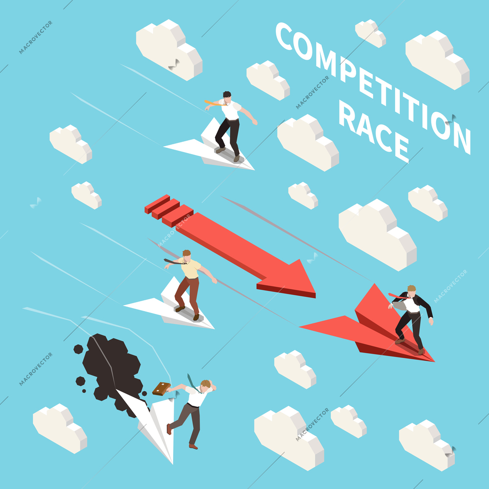 Business competition isometric background with little human characters flying on paper airplanes among clouds 3d vector illustration