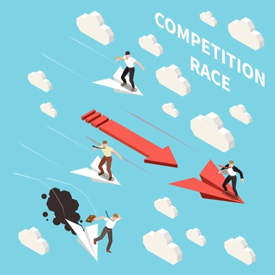 Business competition isometric background with little human characters flying on paper airplanes among clouds 3d vector illustration