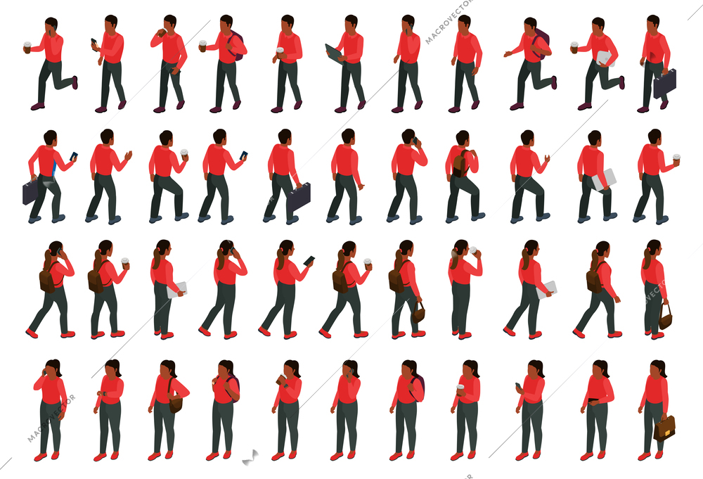 Walking black people isometric big set of male and female characters in red clothes isolated vector illustration