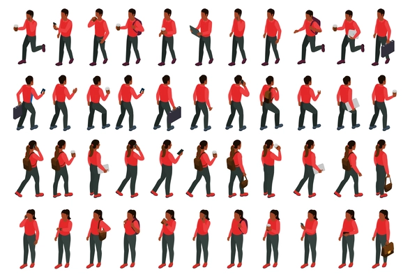 Walking black people isometric big set of male and female characters in red clothes isolated vector illustration