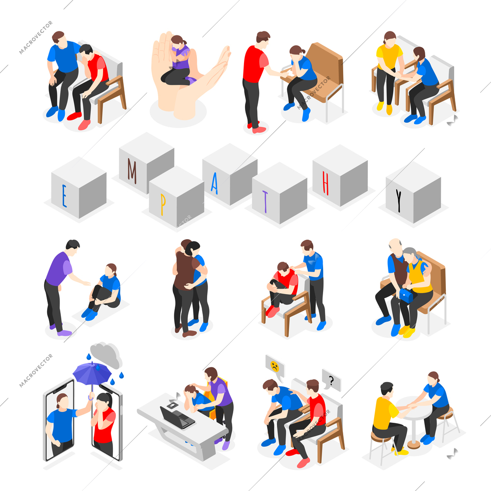 Empathy characters isometric icons set with people consoling sad friends isolated vector illustration