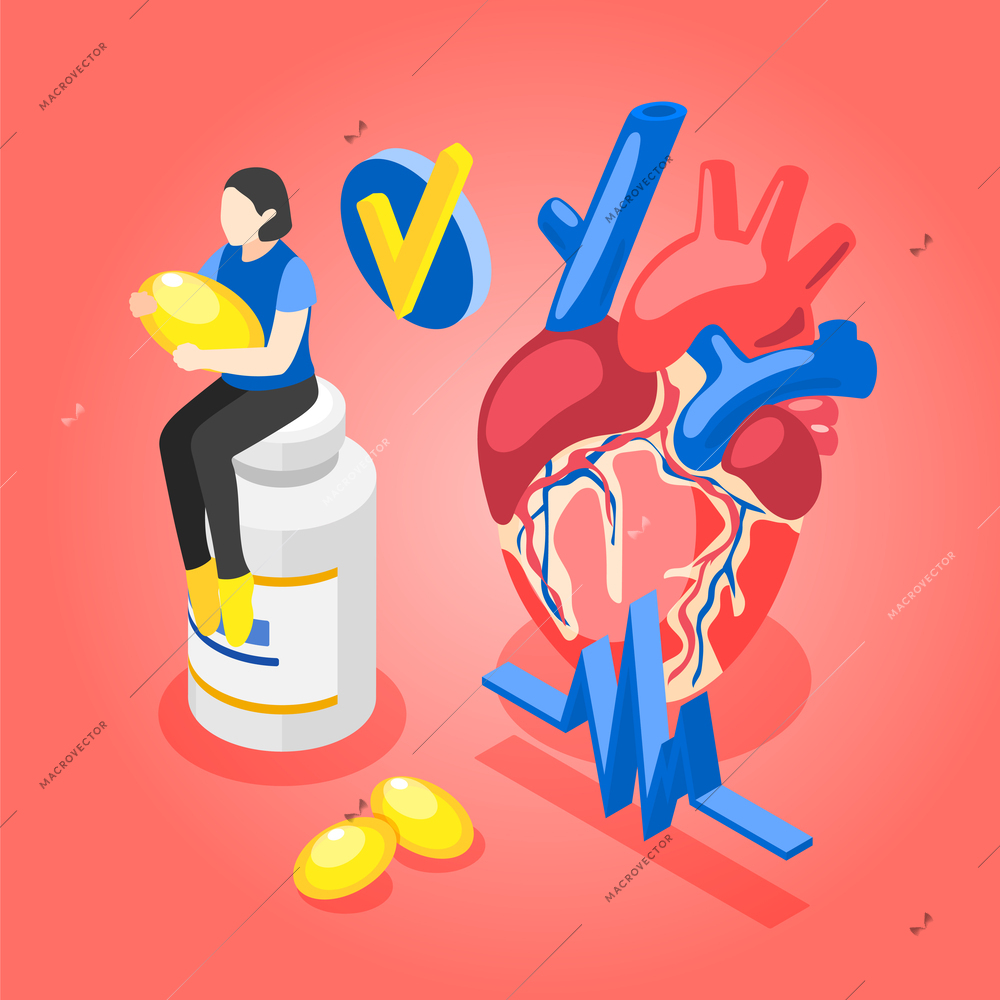 Omega 3 6 and 9 isometric background with human heart symbol and supplement pills vector illustration