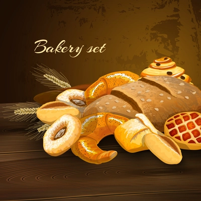 Bakery bread poster with wheat pastry pie donuts and wheat ears on wooden table vector illustration