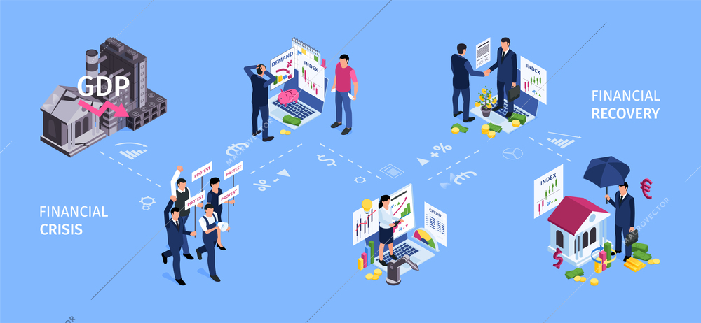 Isometric business crisis composition with flowchart of financial recovery icons with currency symbols and human characters vector illustration