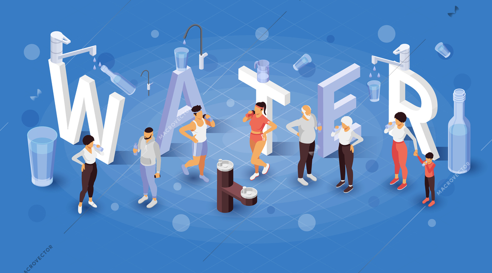 Water isometric background with big letters and small people characters drinking clean water from bottles and glasses vector illustration
