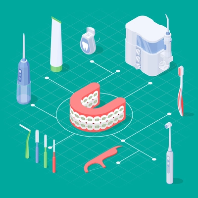 Dental hygiene isometric flowchart with braces and tools for dental care 3d vector illustration