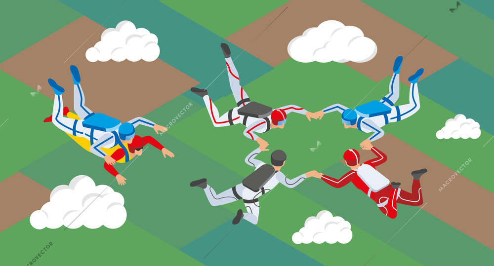 Teamwork parachuting isometric composition with group of athletes holding hands free falling through from sky among clouds vector illustration