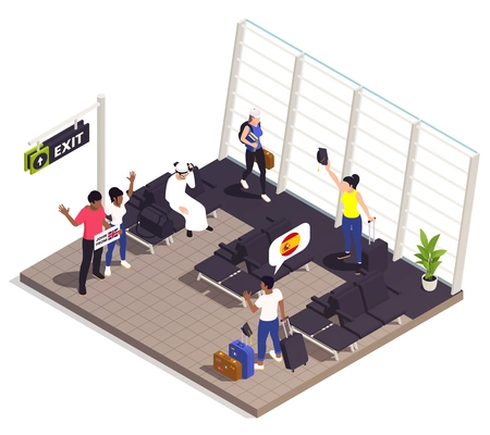 Global education student exchange isometric composition with view of airport gate seats with human characters flags vector illustration