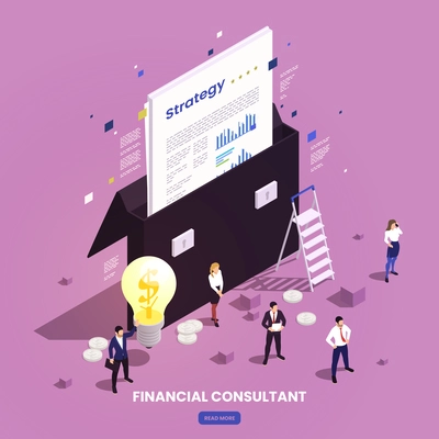 Financial professions isometric composition with text clickable button and briefcase with papers and characters of consultants vector illustration