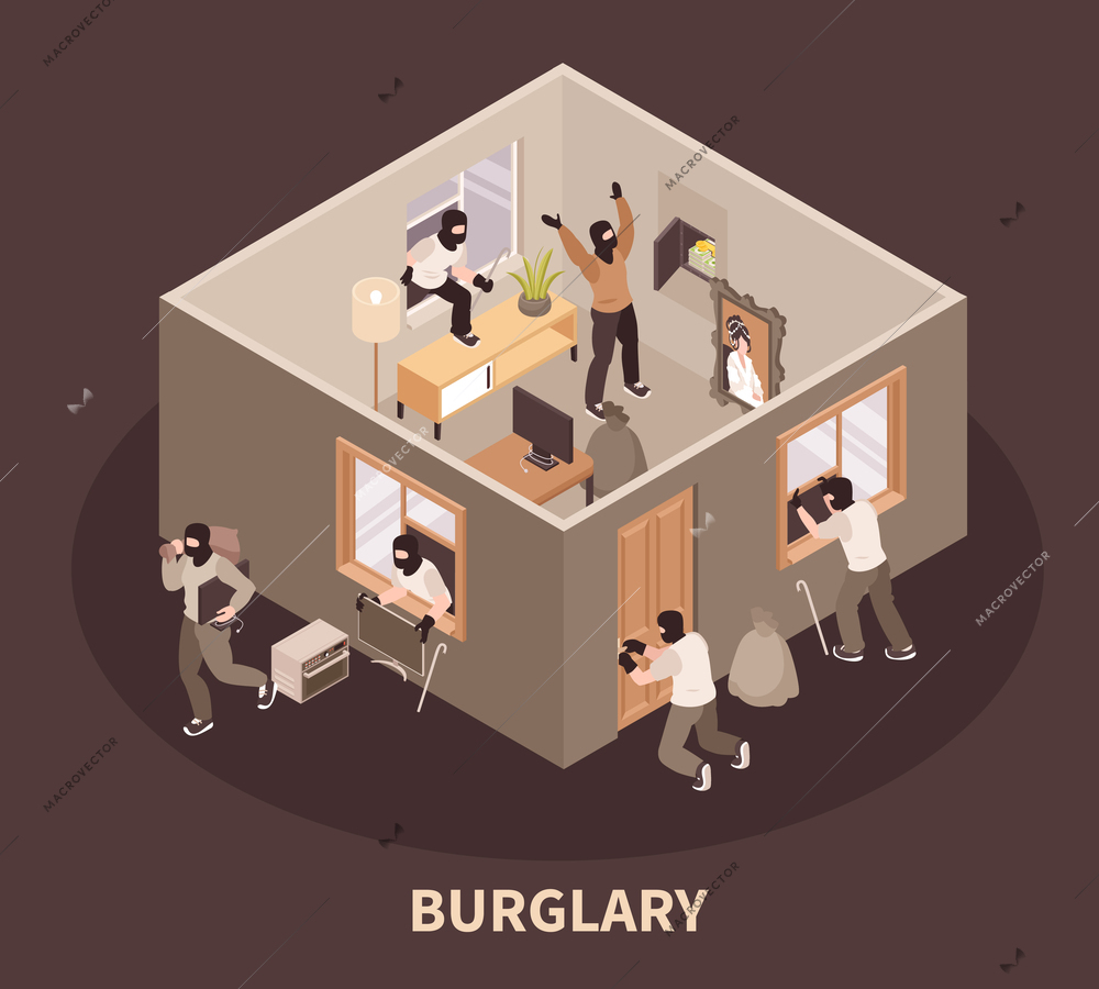 Isometric criminal robbery scene with burglar breaking into house vector illustration