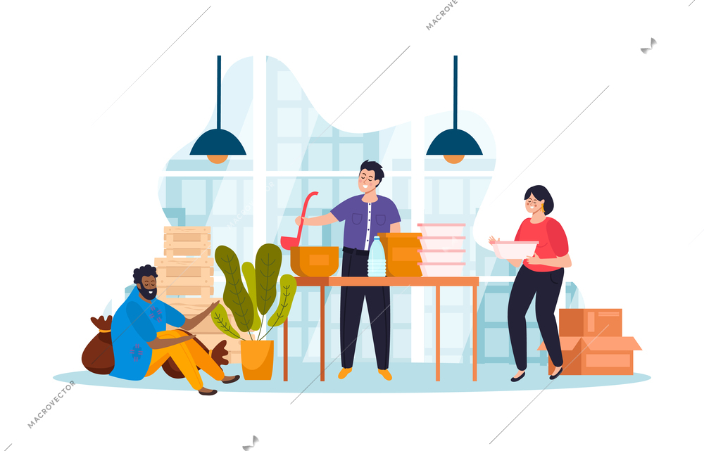 Donation and volunteer work flat colored composition volunteers help provide food to people in need vector illustration