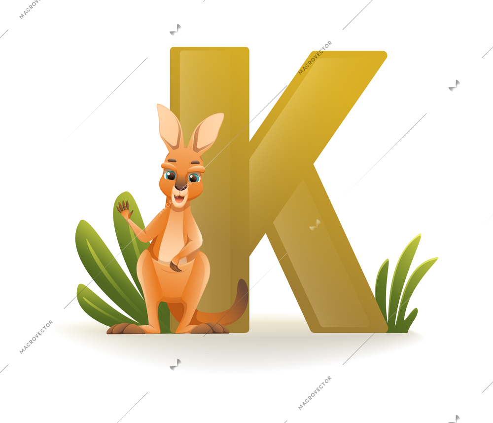 Alphabet letter k for cute friendly kangaroo cartoon vector illustration