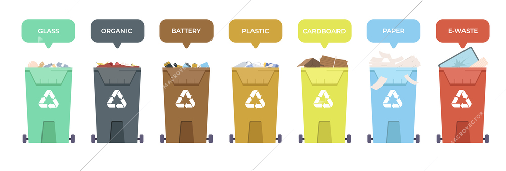 Sorting waste flat composition with different litter types containers vector illustration