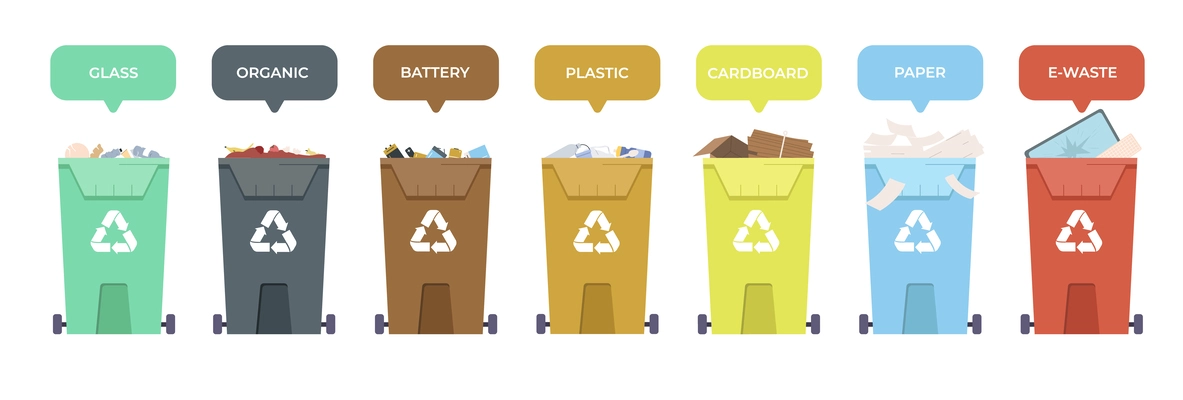 Sorting waste flat composition with different litter types containers vector illustration