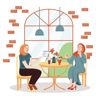 Hijab woman flat composition with indoor cafe scenery and two muslim women having meal at table vector illustration