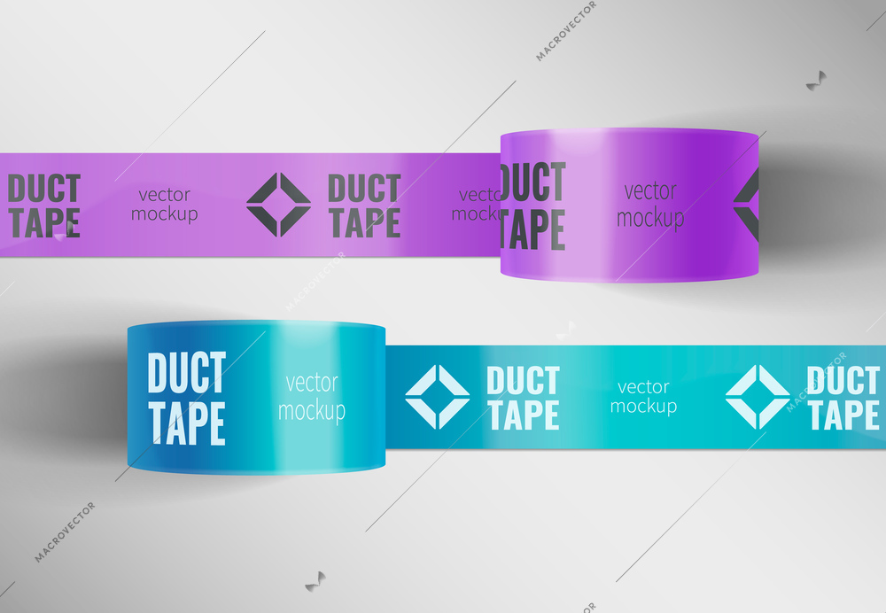 Duct tape mockup realistic set with purple and lavender colored adhesive tapes with text and logo vector illustration