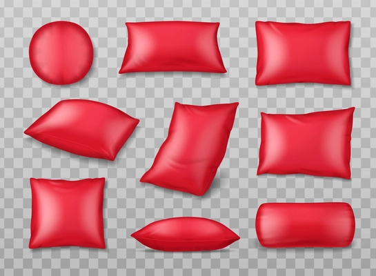 Pillows realistic set with isolated images of inflatable rubber pillows colored in red on transparent background vector illustration