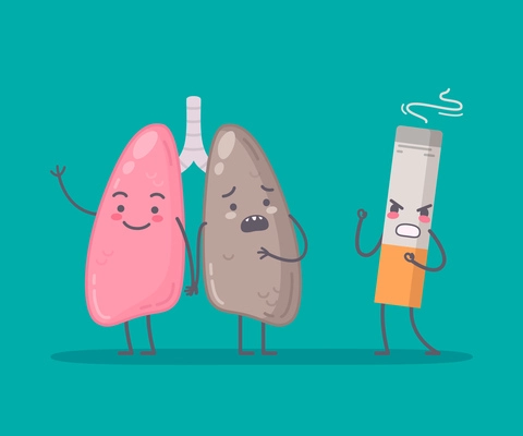 Human organs characters cartoon composition with healthy and unhealthy lung with scary cigarette on solid background vector illustration