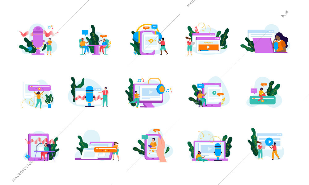 Flat set of icons with people listening to podcasts and podcasters speaking in microphone isolated vector illustration