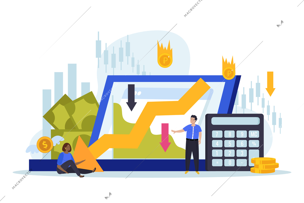 Flat style economy crisis composition with economic decline symbols calculator and sad people vector illustration