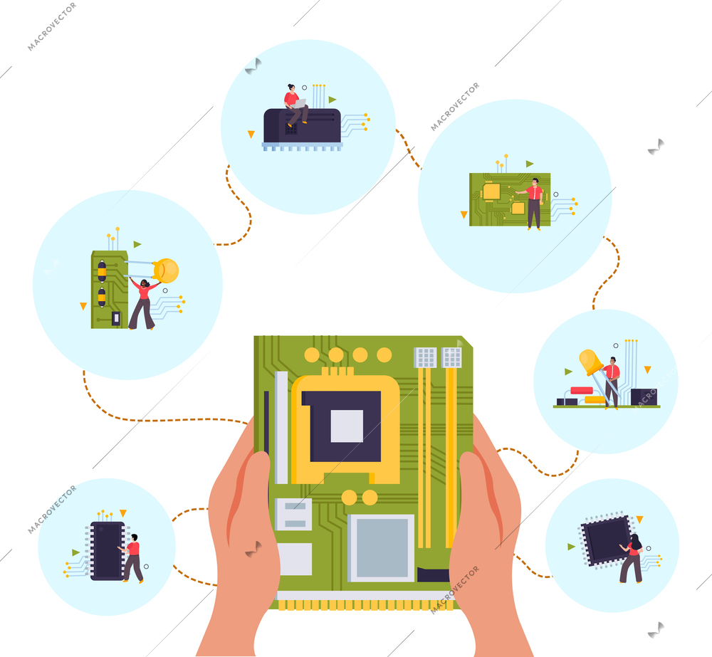 Microchip flat concept composition with computer components tiny people and human hands holding circuit board vector illustration