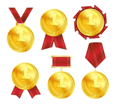 Golden number one award medals with red ribbons badge and rosette realistic set isolated vector illustration