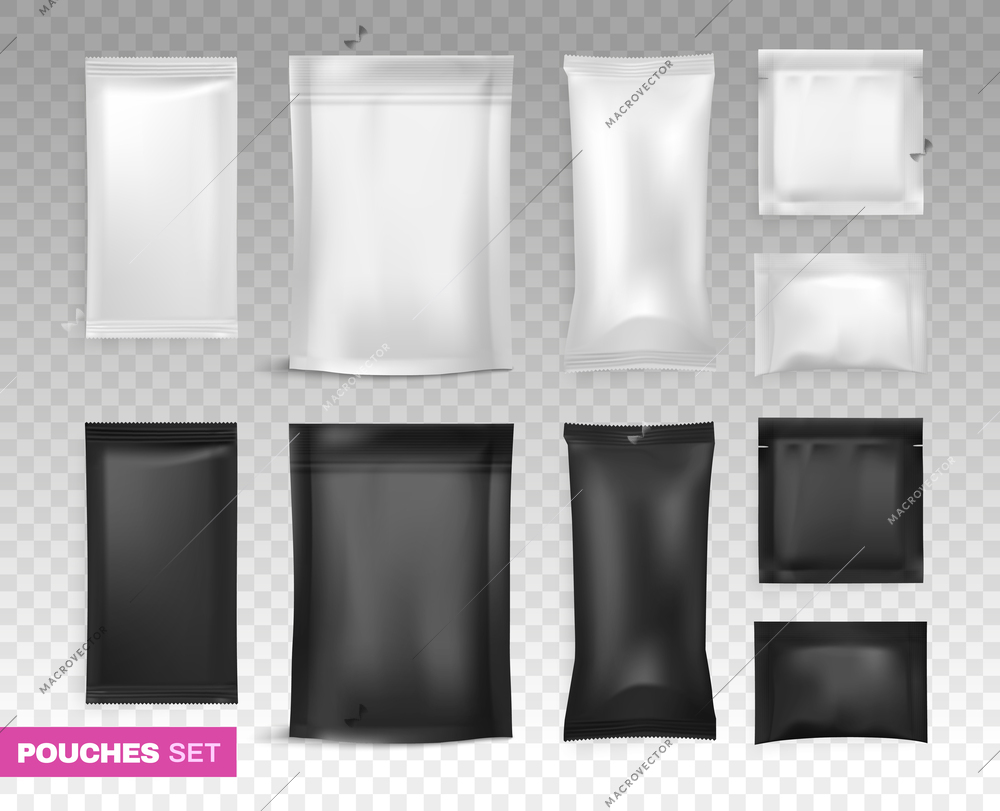 Black and white rectangular and square plastic pouches for packaging of small portions goods or food on transparent background realistic vector illustration