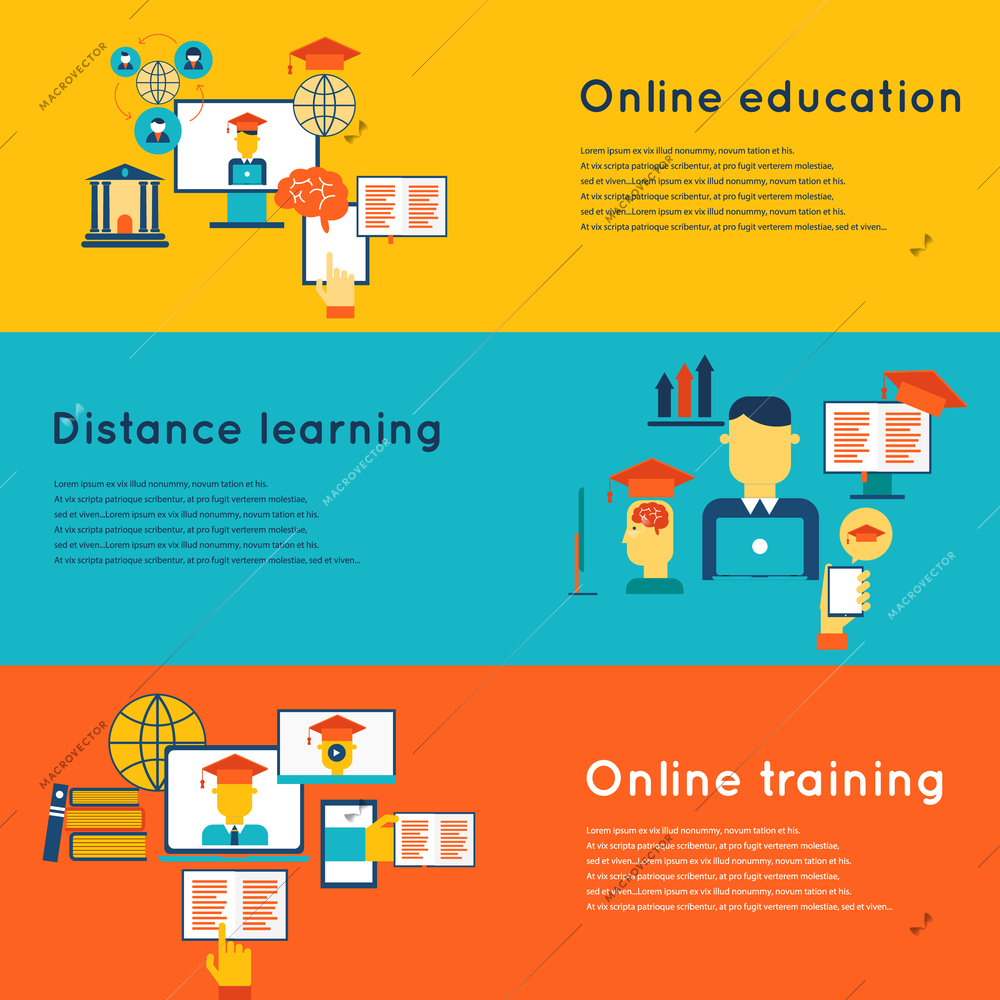 Online education flat horizontal banners set with distance learning and training elements isolated vector illustration