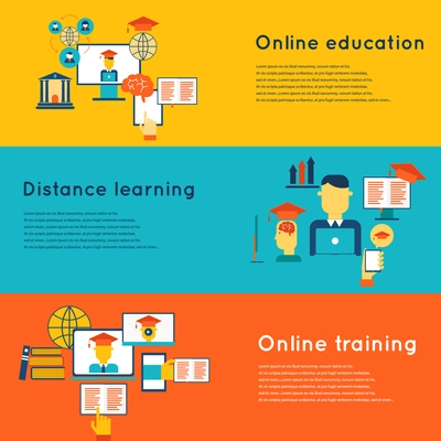 Online education flat horizontal banners set with distance learning and training elements isolated vector illustration