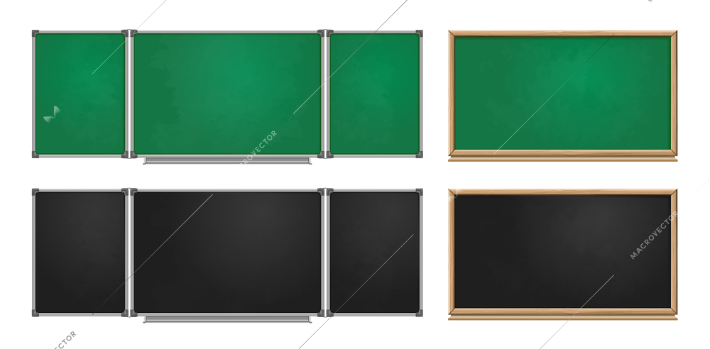 Set of realistic  school green and black chalkboards with wooden frame for classroom isolated vector illustration