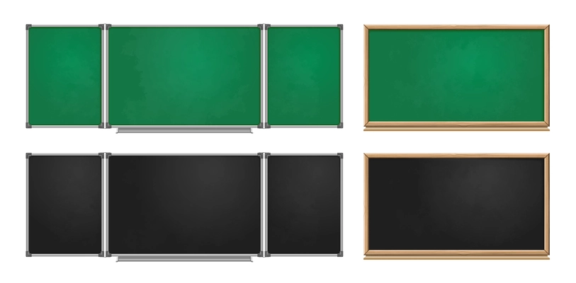 Set of realistic  school green and black chalkboards with wooden frame for classroom isolated vector illustration