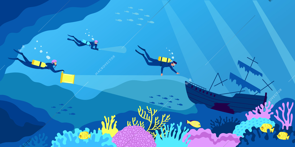 Diving flat composition with scuba divers underwater searching for sunken ship vector illustration