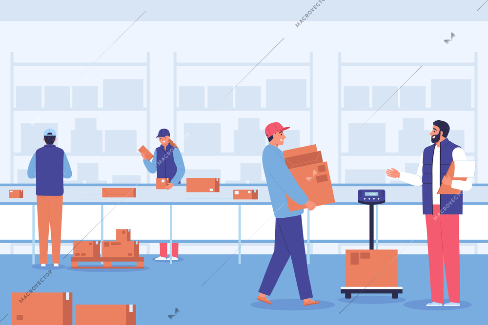 Post office delivery composition workers in the warehouse sort and carry parcels in the building vector illustration