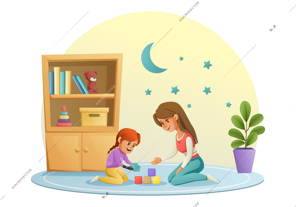 Little disabled girl with prosthetic arm playing with mum in her room cartoon vector illustration