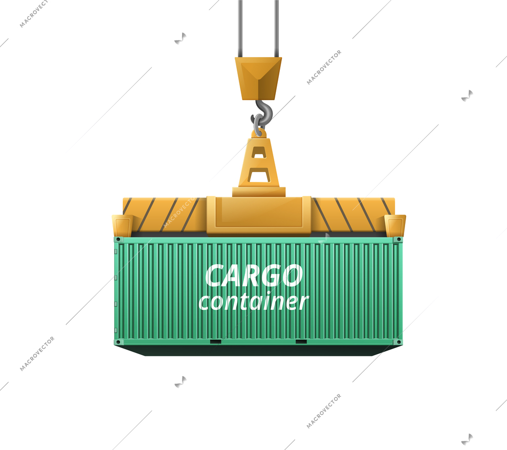 Realistic green cargo container on crane hook vector illustration