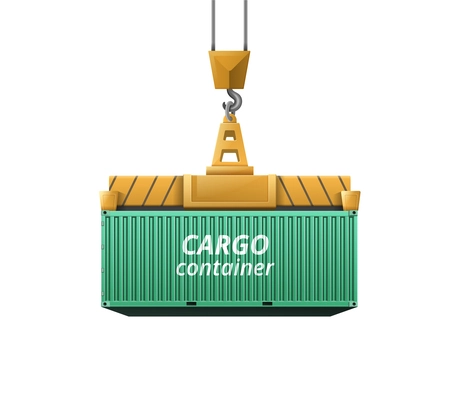 Realistic green cargo container on crane hook vector illustration
