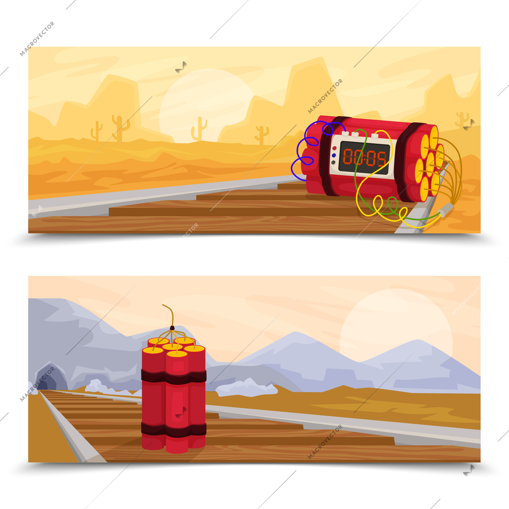 Dynamite bomb set of flat horizontal banners with outdoor landscape and railway track with timer bomb vector illustration