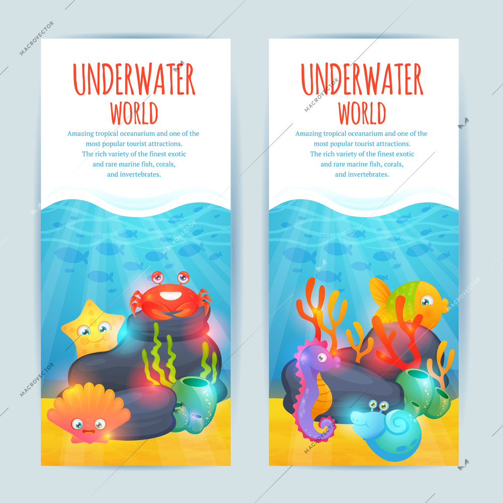 Tropical oceanarium funny sea animals vertical banners set with crab seaweeds and starfish abstract isolated vector illustration