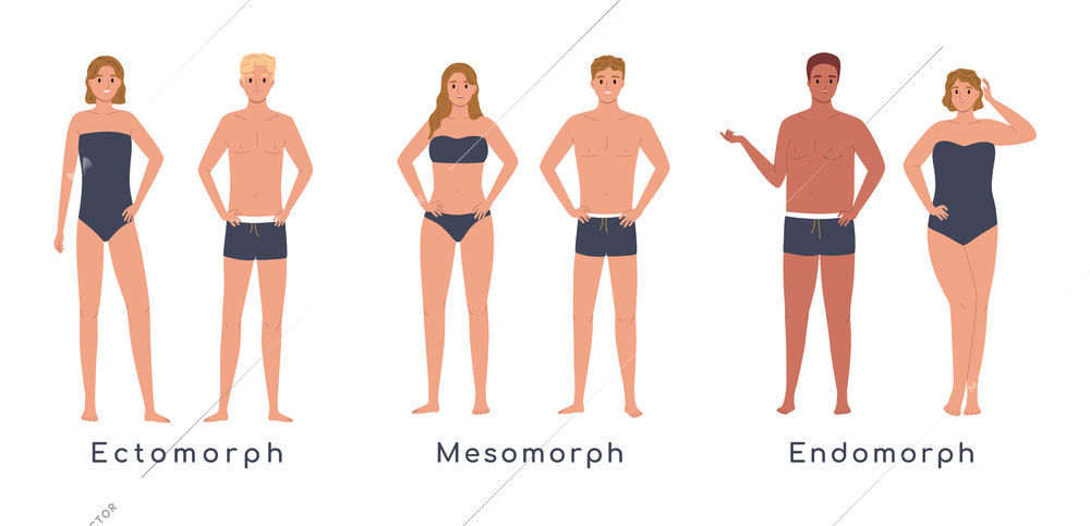 Male and female different body types flat set isolated vector illustration