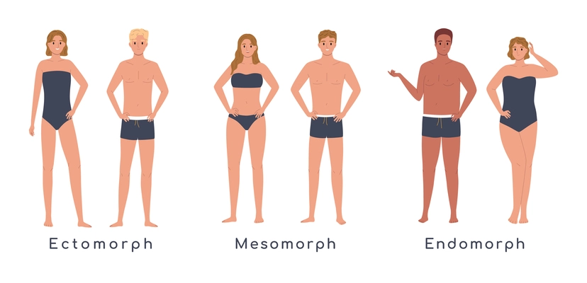 Male and female different body types flat set isolated vector illustration