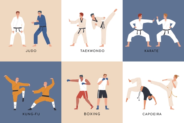 Fighters flat composition set with boxing judo and karate masters isolated vector illustration