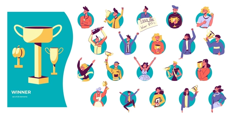Winner people set with isolated round compositions of flat prize award icons and doodle human characters vector illustration