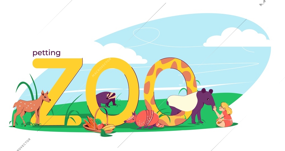 Petting zoo flat text composition with letters and outdoor landscape with wild animals fed by woman vector illustration