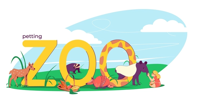 Petting zoo flat text composition with letters and outdoor landscape with wild animals fed by woman vector illustration