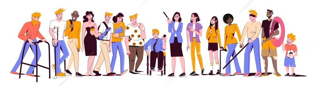 Diversity and inclusion flat composition with blank background and line of different people in colorful clothing vector illustration