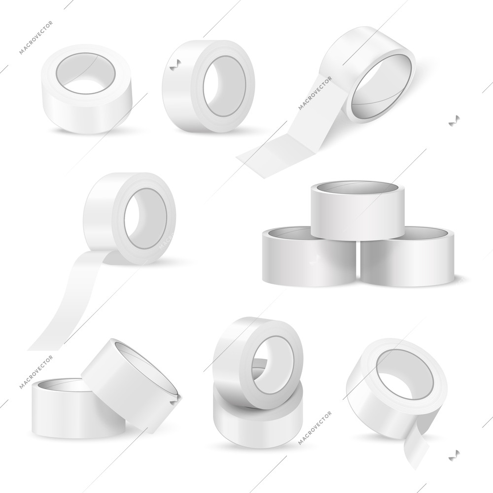 Set with isolated duct tape mockup realistic images of scattering rolls of tape from different angles vector illustration