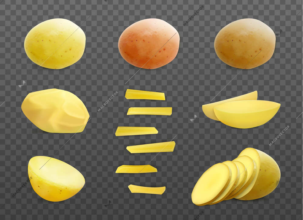 Potatoes realistic set with isolated images of ripe young potatoes with no peel and sticks slices vector illustration