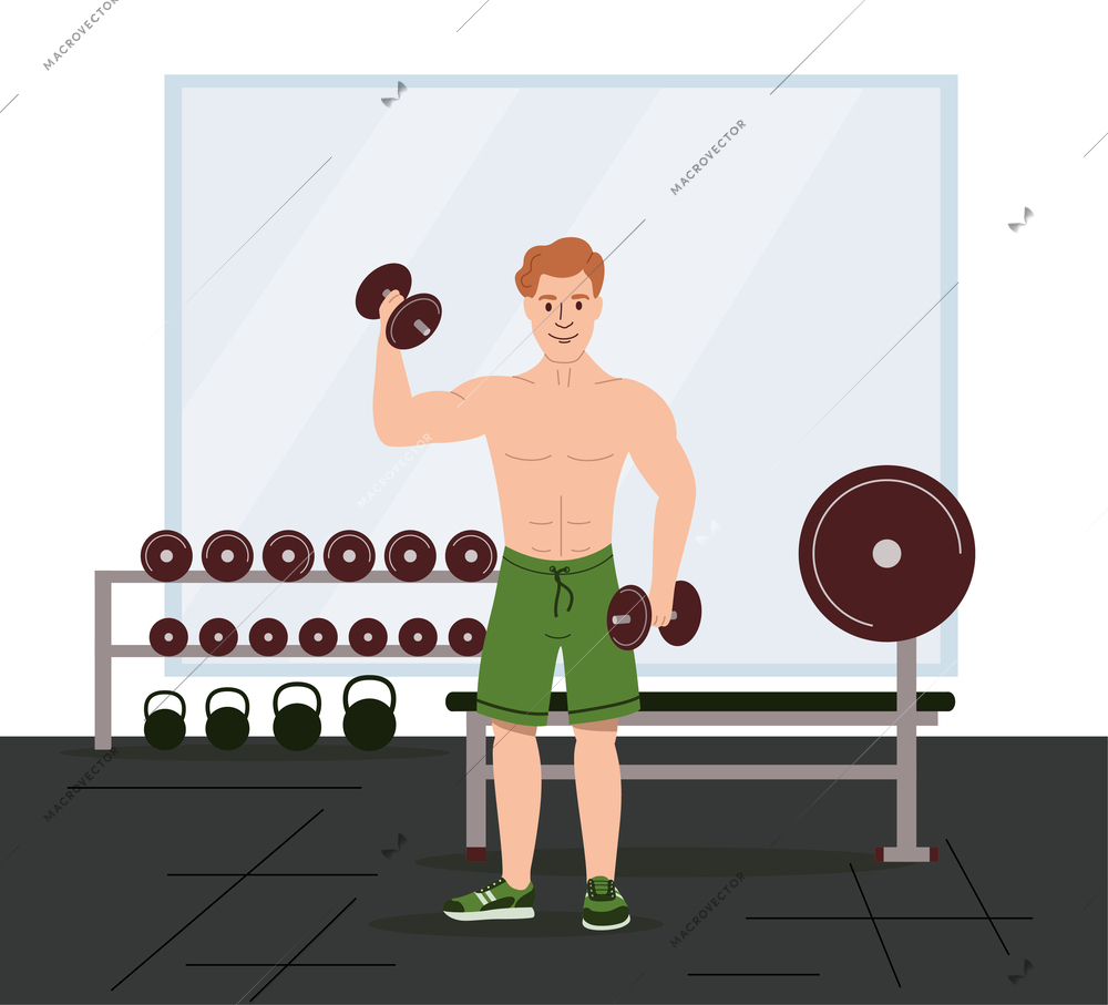 Man healthy lifestyle flat background composition with view of gymnastic equipment stacks of barbells and guy vector illustration