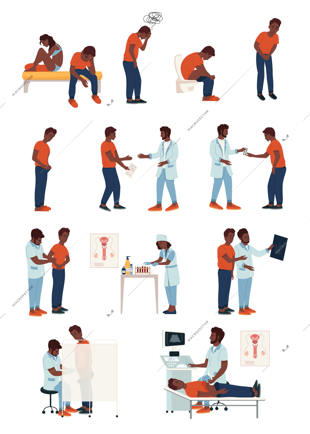 Man urology flat recolor set of isolated icons with characters of african american patient and doctor vector illustration